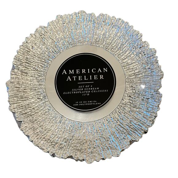 American Atelier Silver Sunbeam Charger Plates 13in Ruffled Rim Set of 4 New - Picture 6 of 15